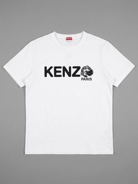 Kenzo White Short Sleeve Logo Tee with Black Print